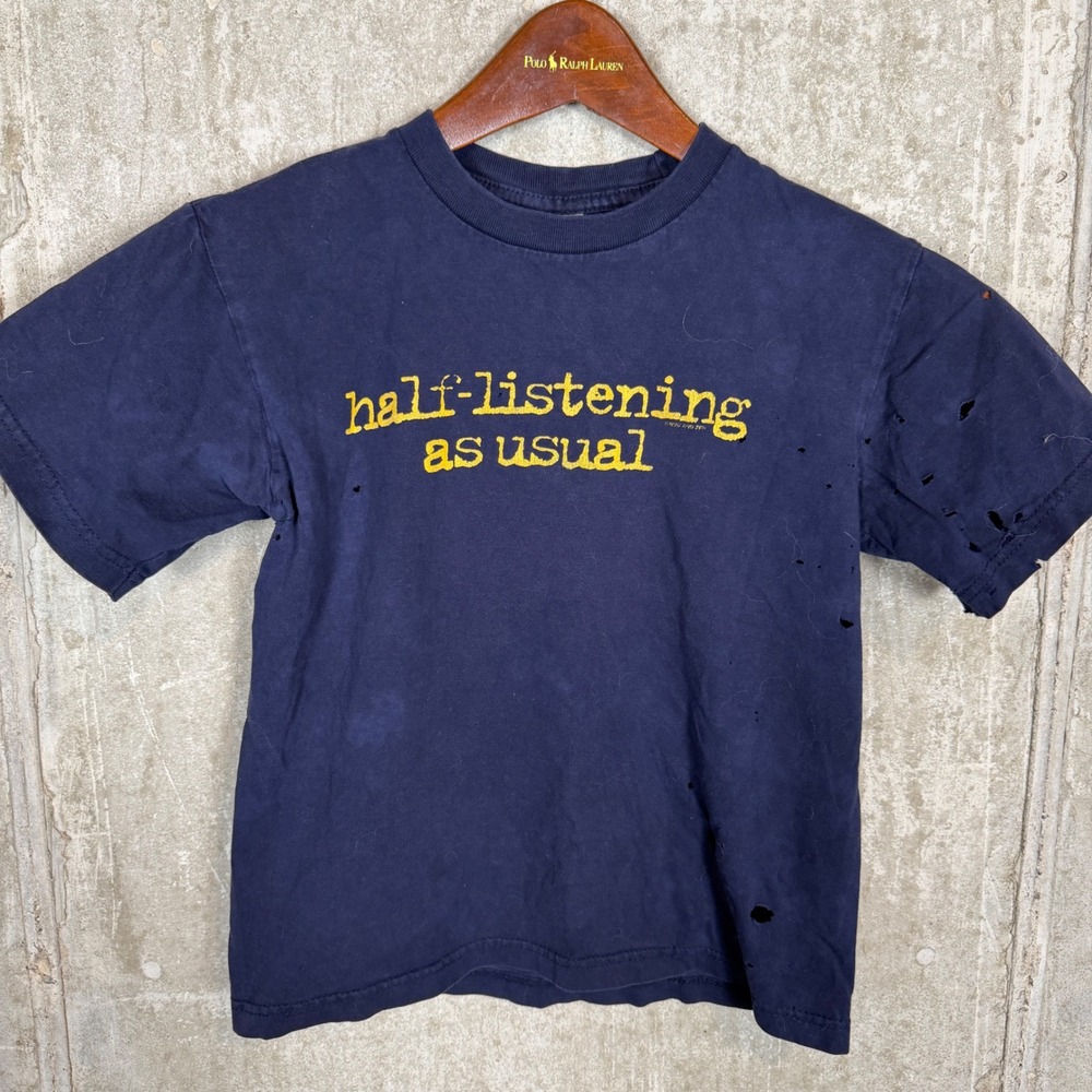 Cygnus Half-Listening As Usual Graphic T-Shirt Navy Blue Distressed Women small
